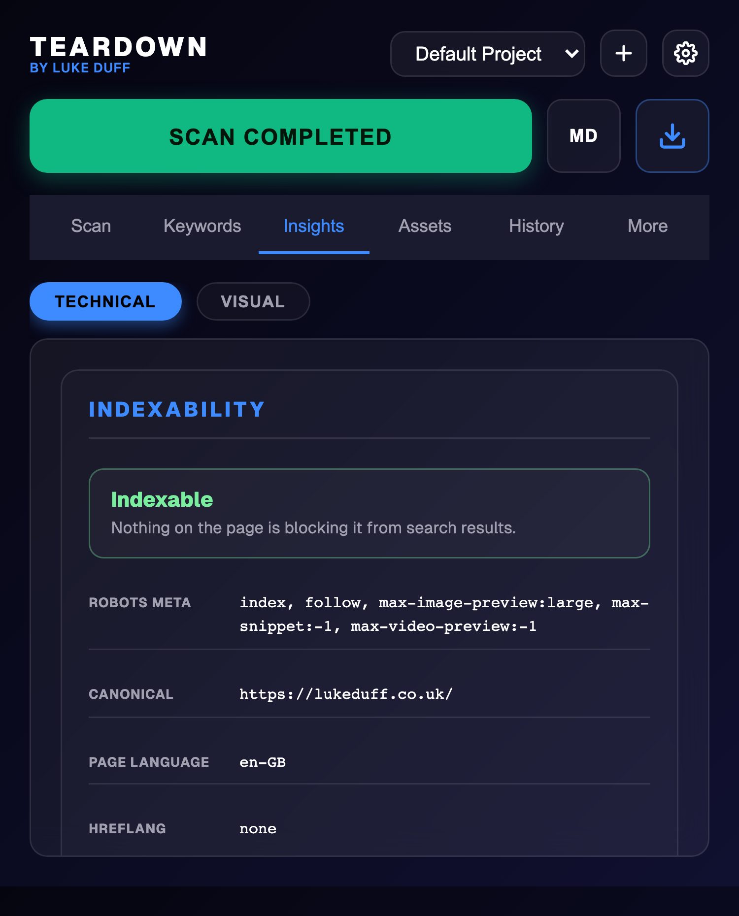 The Insights tab opening with a verdict of Indexable and nothing blocking the page, followed by the robots meta value, canonical URL, page language and hreflang status.